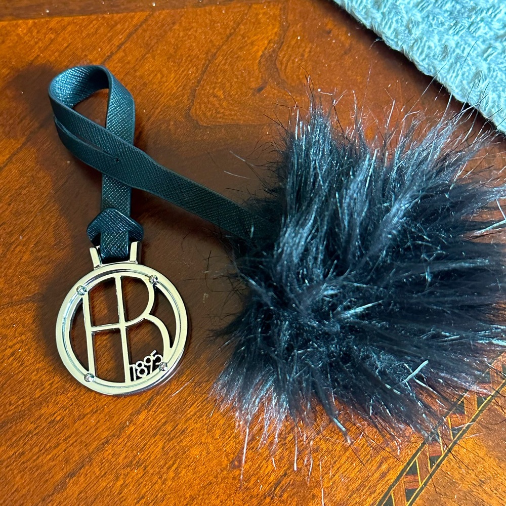 Henri Bendel Black Fuzzy Bag Tag with Gold Signature Accent EUC